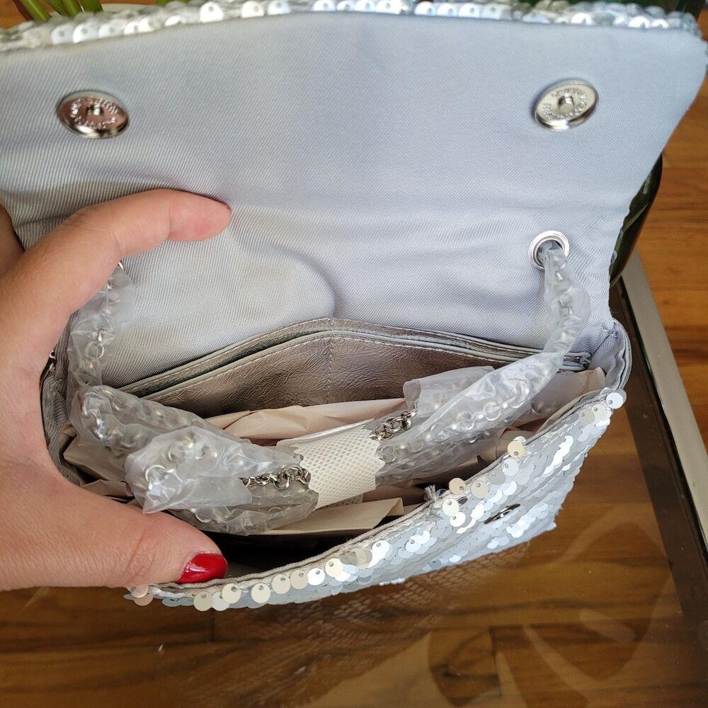 Nicole Miller Silver Sequin Handbag Chevron Quilted Crossbody Purse Evening Bag - Picture 5 of 12